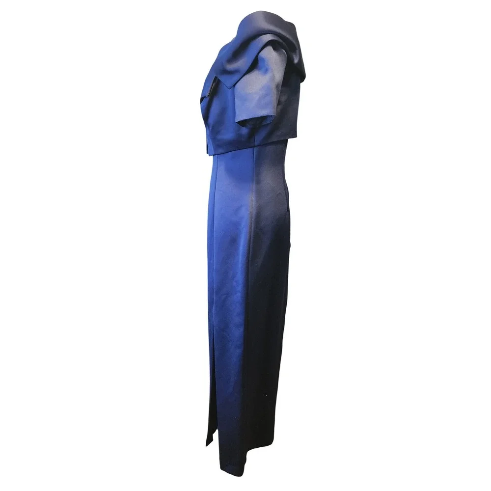 Alex Evenings Navy Blue Satin Gown Bolero Jacket Set Rhinestone Brooch Size 4